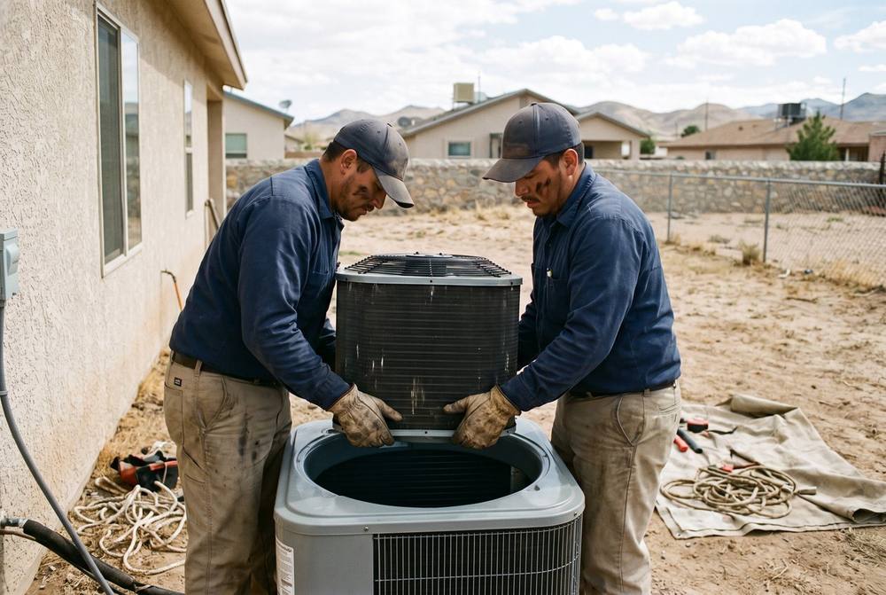 Licensed pro checking an outdoor AC condenser unit in El Paso, TX
