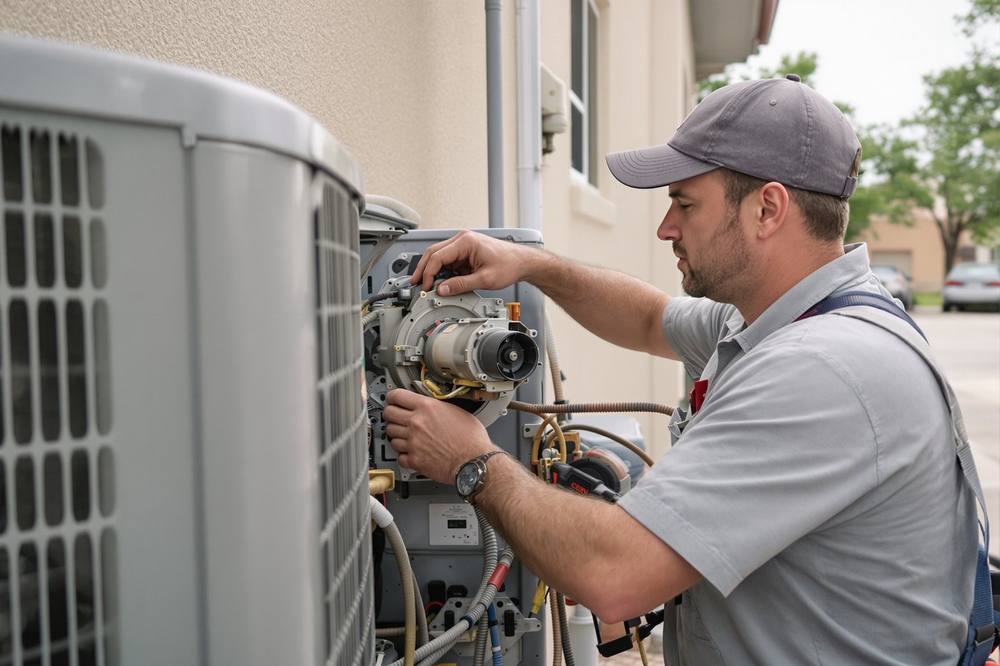 Licensed HVAC technician repairing an outdoor air conditioning unit at a home in Santa Teresa, New Mexico