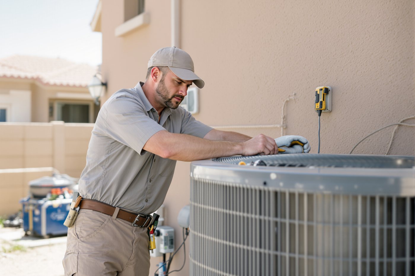 Technician checking AC unit in El Paso heat