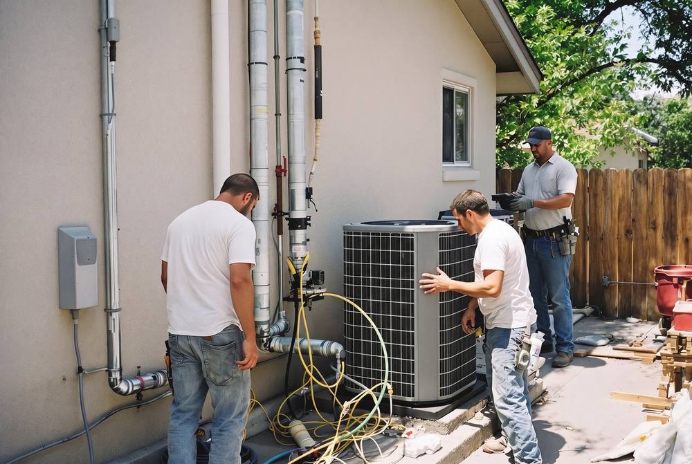 Technician checking an outdoor AC condenser unit at a home in Socorro, Texas