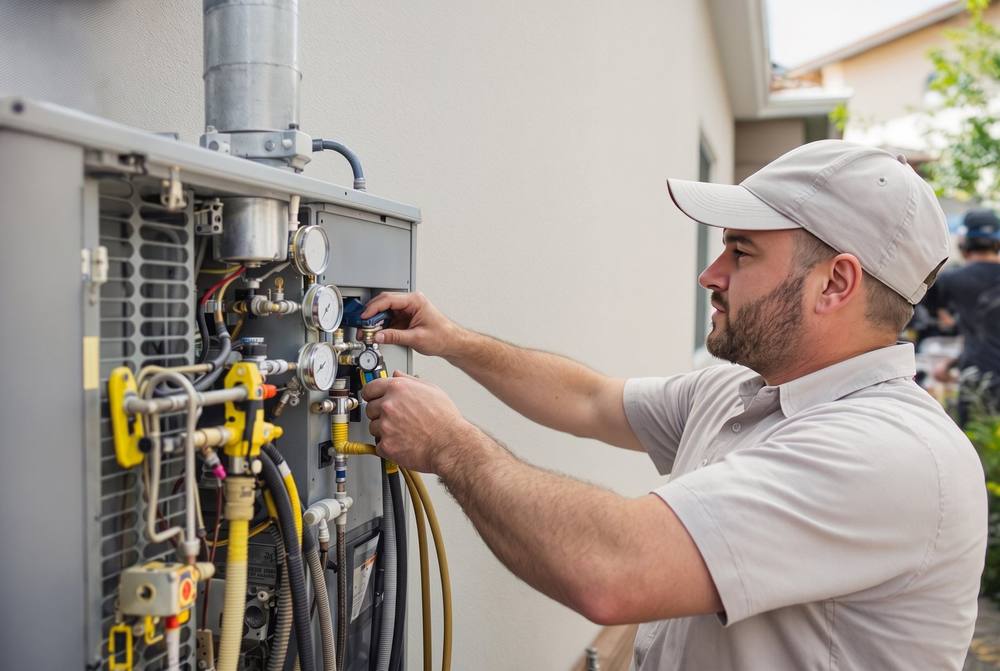 Licensed technician inspecting outdoor AC condenser unit and capacitor in a Horizon City, TX home