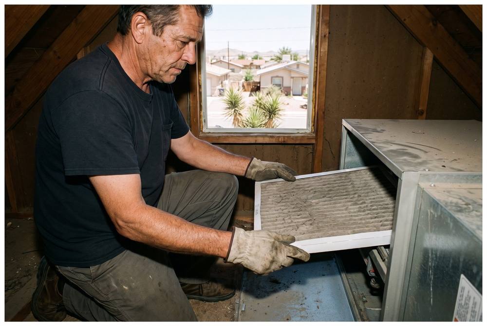Licensed technician checking outdoor AC condenser unit during a repair visit in Sunland Park, New Mexico